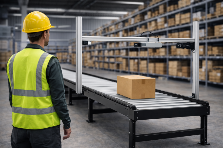 Worker monitoring conveyor belt in warehouse