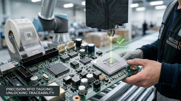 Close-up of precision RFID tagging on a component for full traceability in manufacturing.
