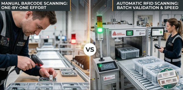 Split-screen comparison: Manual barcode scanning vs. Automatic RFID scanning for inventory management and error reduction.